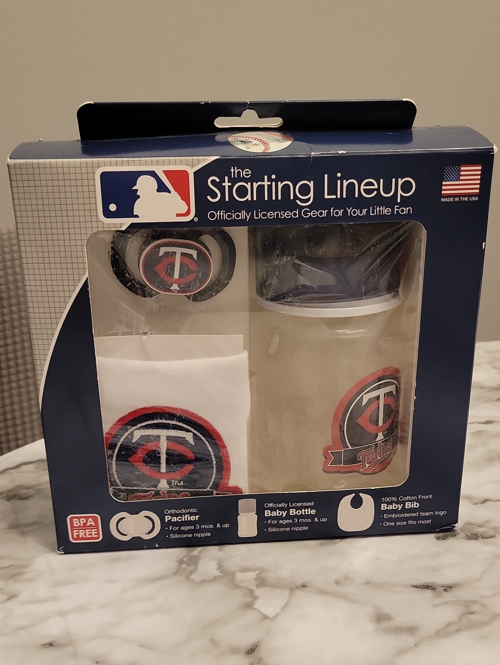 MLB Minnesota Twins Kids Navy White Red Bottle, Bib & Pacifier Set